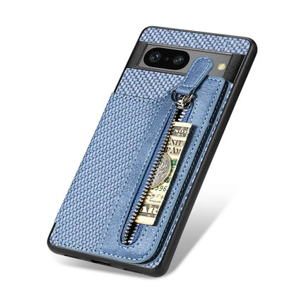 C1-04 For Google Pixel 7a Case Zipper Kickstand Leather Carbon Fiber Texture Back Cover