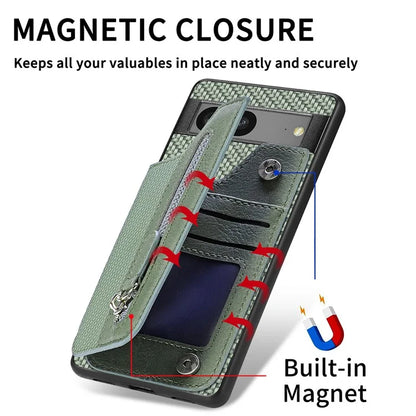 C1-04 For Google Pixel 7a Case Zipper Kickstand Leather Carbon Fiber Texture Back Cover