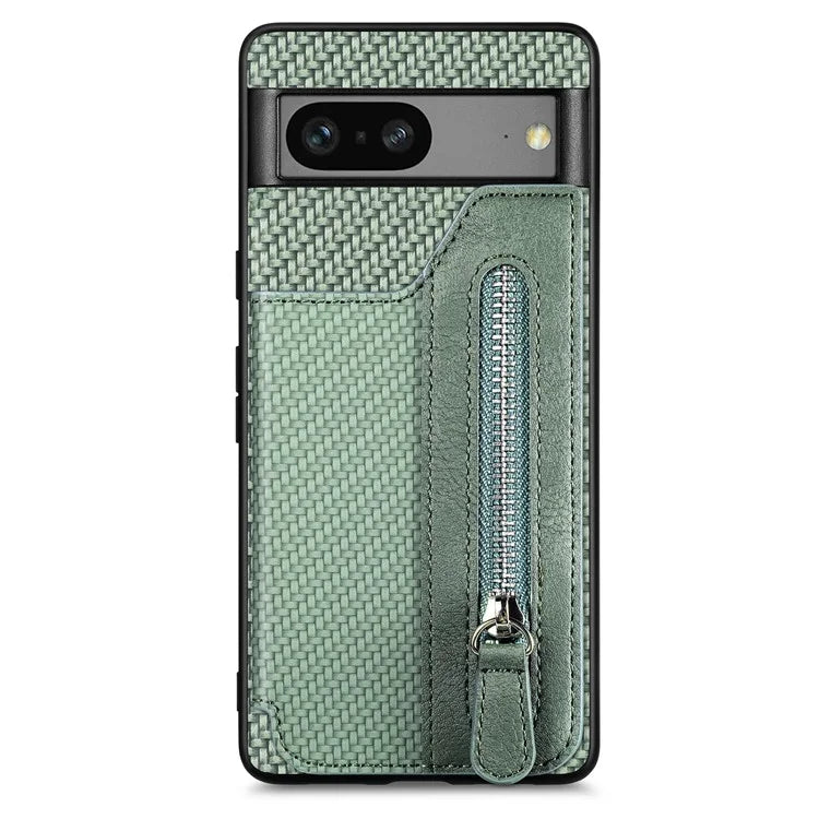 C1-04 For Google Pixel 7a Case Zipper Kickstand Leather Carbon Fiber Texture Back Cover