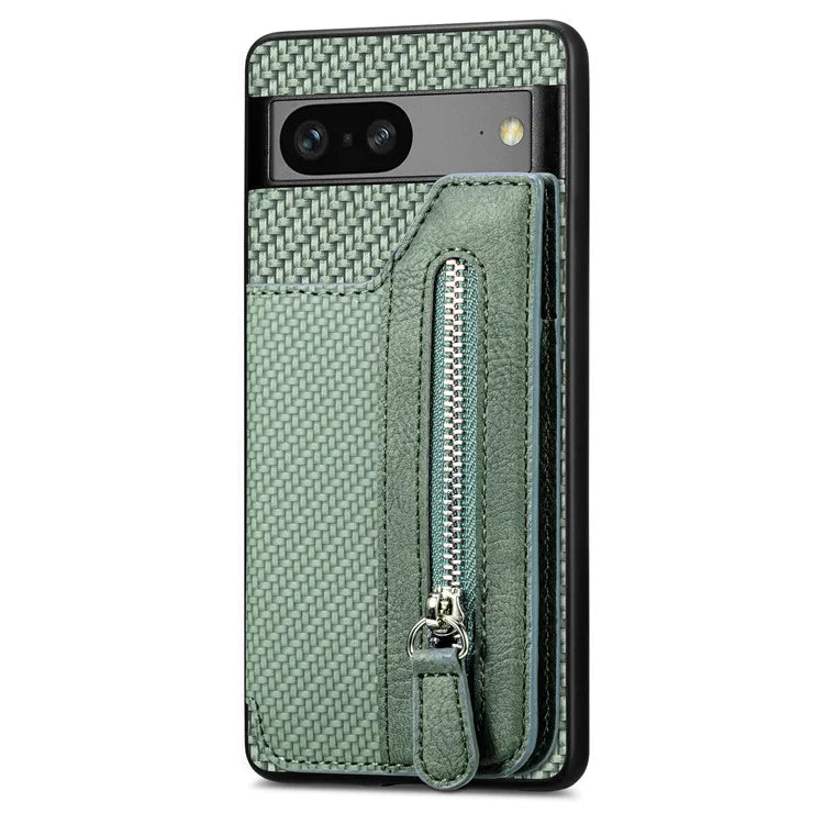 C1-04 For Google Pixel 7a Case Zipper Kickstand Leather Carbon Fiber Texture Back Cover
