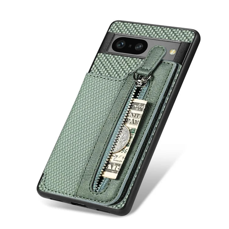 C1-04 For Google Pixel 7a Case Zipper Kickstand Leather Carbon Fiber Texture Back Cover