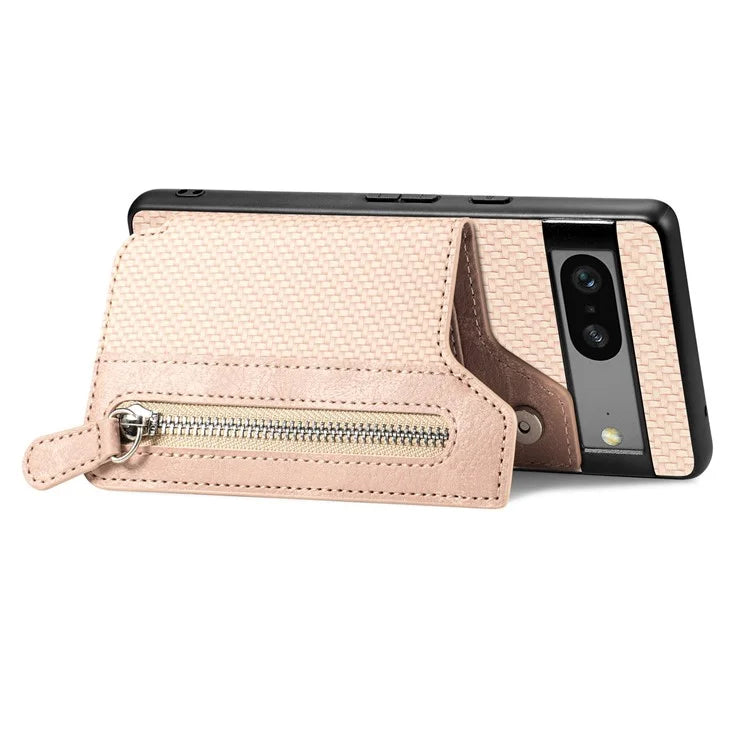 C1-04 For Google Pixel 7a Case Zipper Kickstand Leather Carbon Fiber Texture Back Cover