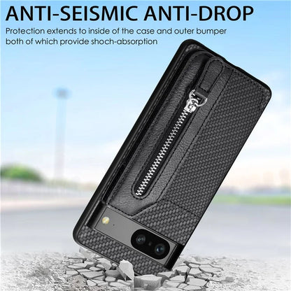 C1-04 For Google Pixel 7a Case Zipper Kickstand Leather Carbon Fiber Texture Back Cover