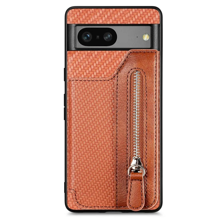 C1-04 For Google Pixel 7a Case Zipper Kickstand Leather Carbon Fiber Texture Back Cover