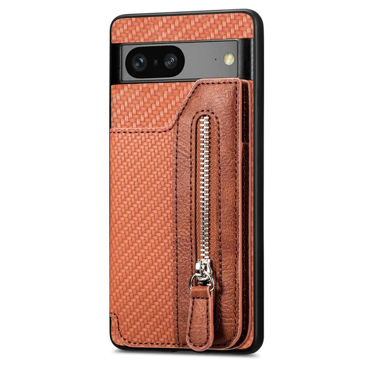 C1-04 For Google Pixel 7a Case Zipper Kickstand Leather Carbon Fiber Texture Back Cover