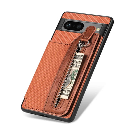 C1-04 For Google Pixel 7a Case Zipper Kickstand Leather Carbon Fiber Texture Back Cover