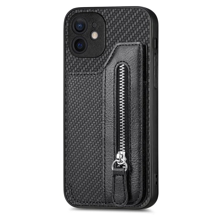 C1-04 For iPhone 12 Case Leather+PC+TPU Phone Cover with Zipper Wallet Kickstand