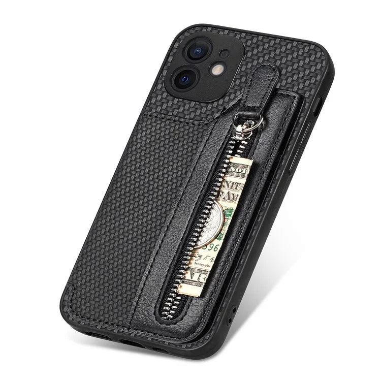 C1-04 For iPhone 12 Case Leather+PC+TPU Phone Cover with Zipper Wallet Kickstand