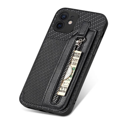 C1-04 For iPhone 12 Case Leather+PC+TPU Phone Cover with Zipper Wallet Kickstand