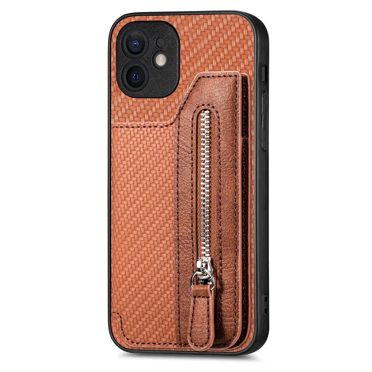 C1-04 For iPhone 12 Case Leather+PC+TPU Phone Cover with Zipper Wallet Kickstand