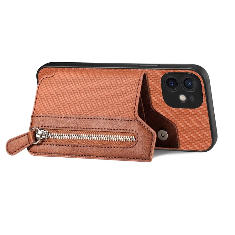 C1-04 For iPhone 12 Case Leather+PC+TPU Phone Cover with Zipper Wallet Kickstand