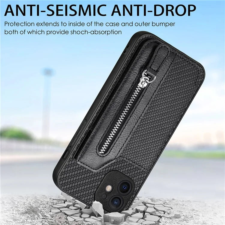 C1-04 For iPhone 12 Case Leather+PC+TPU Phone Cover with Zipper Wallet Kickstand