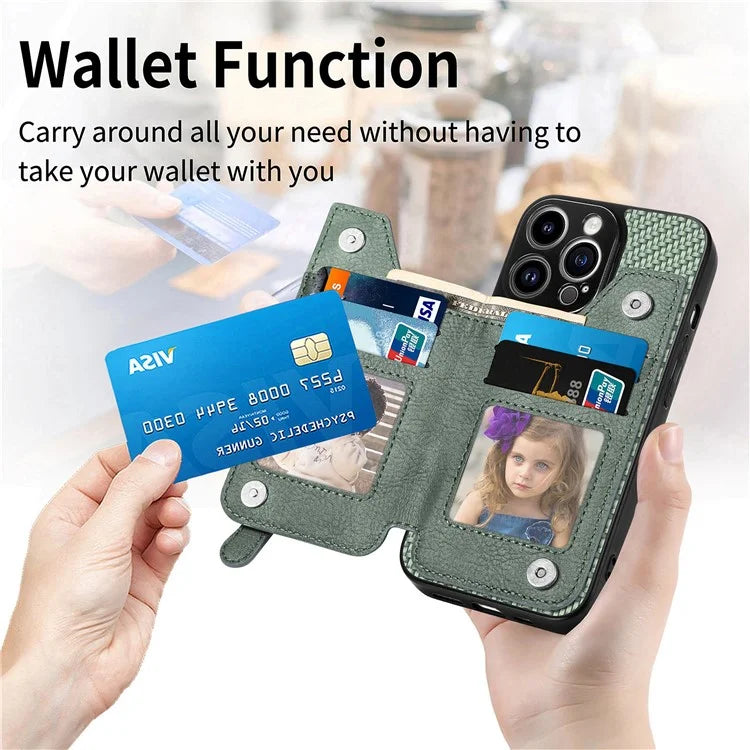 C1-04 For iPhone 13 Pro Wallet Case Kickstand Anti-Drop PU+PC+TPU Phone Cover