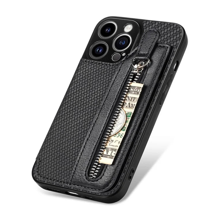 C1-04 For iPhone 13 Pro Max 6.7 inch Case Zipper Pocket Kickstand Back Phone Shell