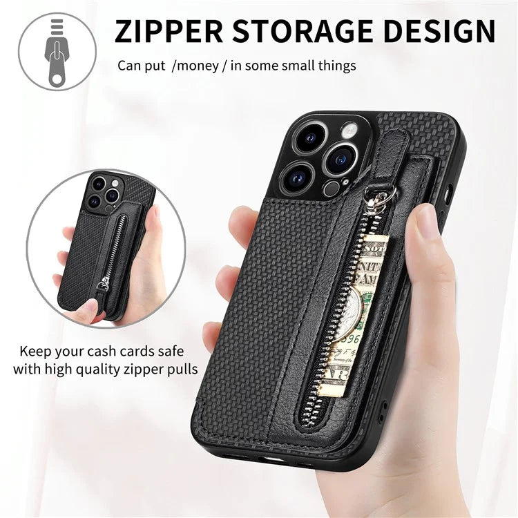 C1-04 For iPhone 13 Pro Max 6.7 inch Case Zipper Pocket Kickstand Back Phone Shell