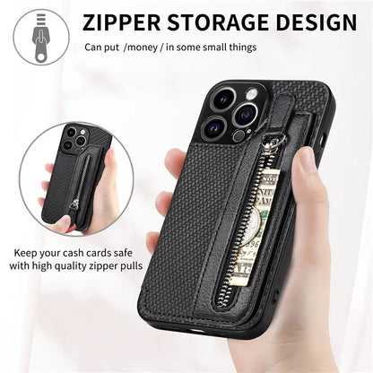 C1-04 For iPhone 13 Pro Max 6.7 inch Case Zipper Pocket Kickstand Back Phone Shell