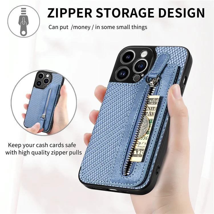 C1-04 For iPhone 13 Pro Max 6.7 inch Case Zipper Pocket Kickstand Back Phone Shell