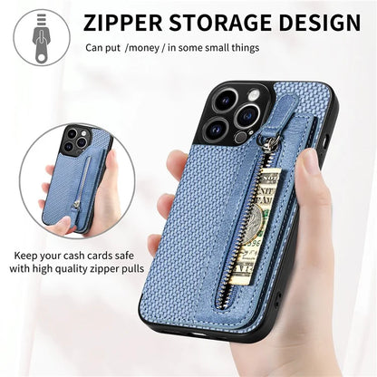 C1-04 For iPhone 13 Pro Max 6.7 inch Case Zipper Pocket Kickstand Back Phone Shell