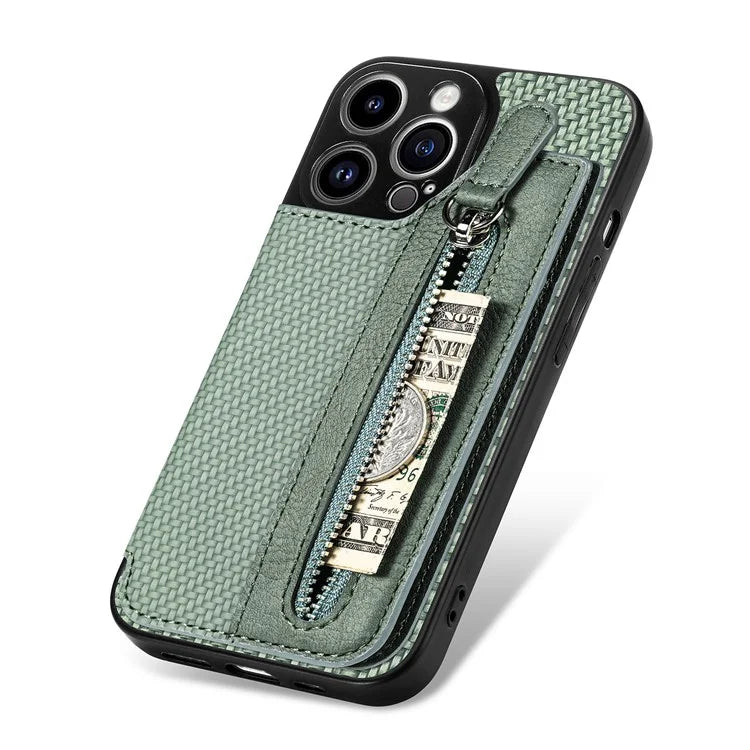 C1-04 For iPhone 13 Pro Max 6.7 inch Case Zipper Pocket Kickstand Back Phone Shell
