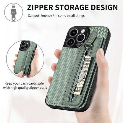 C1-04 For iPhone 13 Pro Max 6.7 inch Case Zipper Pocket Kickstand Back Phone Shell