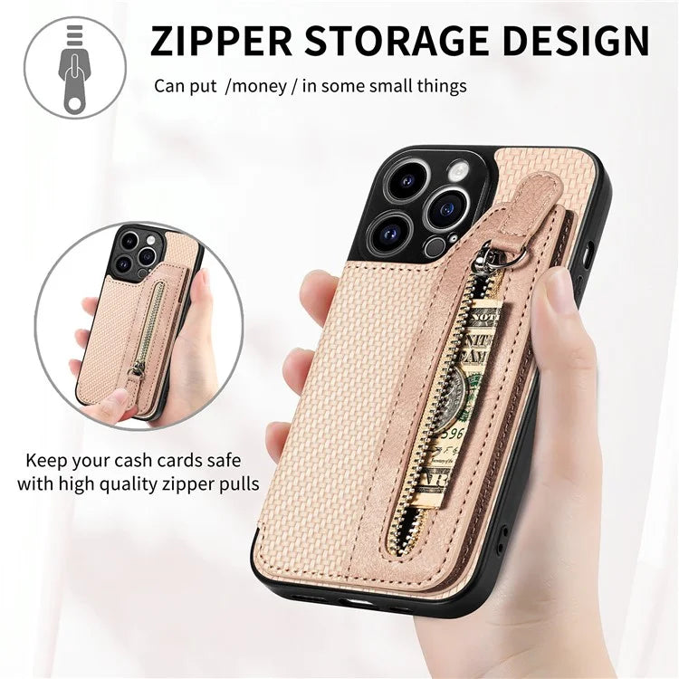 C1-04 For iPhone 13 Pro Max 6.7 inch Case Zipper Pocket Kickstand Back Phone Shell