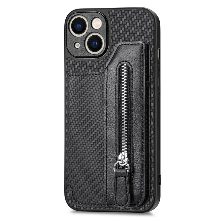 C1-04 For iPhone 13 Case PU Leather+PC+TPU Zipper Pocket Phone Cover with Card Holder