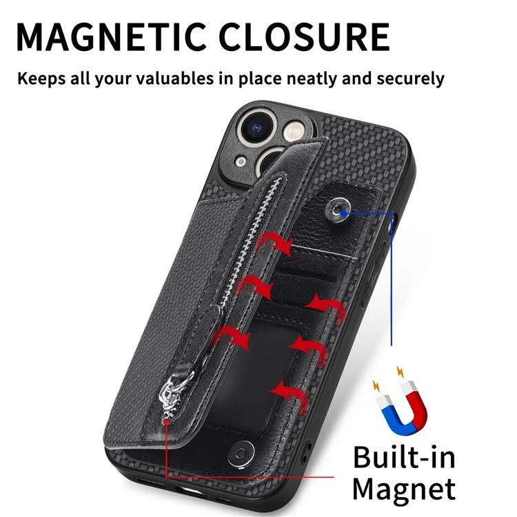 C1-04 For iPhone 13 Case PU Leather+PC+TPU Zipper Pocket Phone Cover with Card Holder