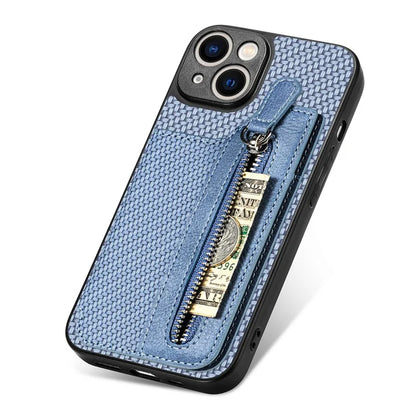 C1-04 For iPhone 13 Case PU Leather+PC+TPU Zipper Pocket Phone Cover with Card Holder