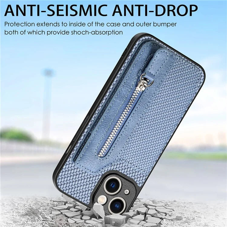 C1-04 For iPhone 13 Case PU Leather+PC+TPU Zipper Pocket Phone Cover with Card Holder