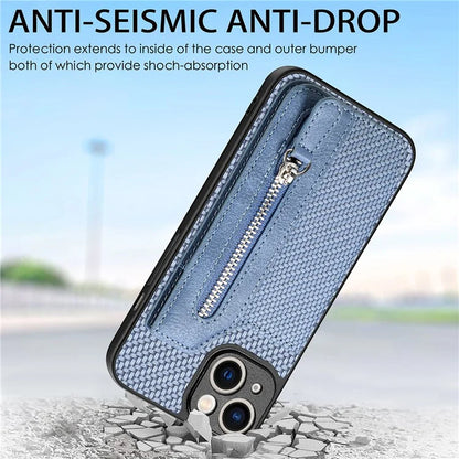 C1-04 For iPhone 13 Case PU Leather+PC+TPU Zipper Pocket Phone Cover with Card Holder
