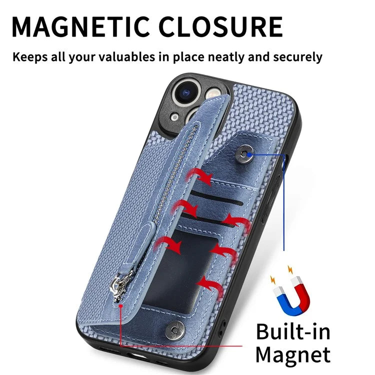 C1-04 For iPhone 13 Case PU Leather+PC+TPU Zipper Pocket Phone Cover with Card Holder
