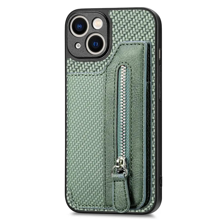 C1-04 For iPhone 13 Case PU Leather+PC+TPU Zipper Pocket Phone Cover with Card Holder