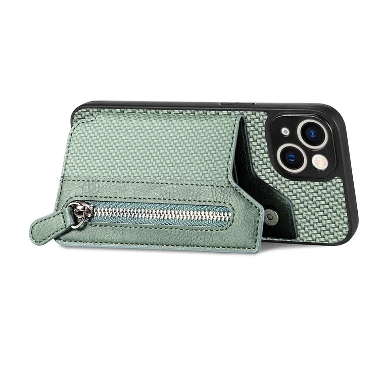 C1-04 For iPhone 13 Case PU Leather+PC+TPU Zipper Pocket Phone Cover with Card Holder
