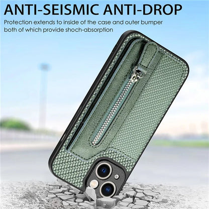 C1-04 For iPhone 13 Case PU Leather+PC+TPU Zipper Pocket Phone Cover with Card Holder