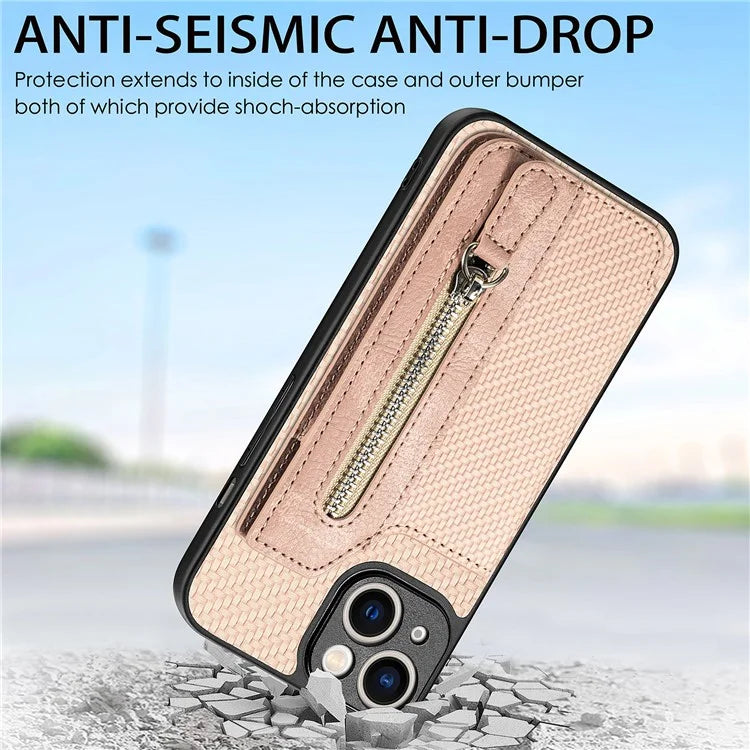 C1-04 For iPhone 13 Case PU Leather+PC+TPU Zipper Pocket Phone Cover with Card Holder