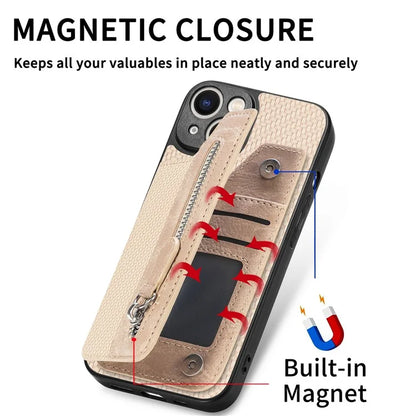 C1-04 For iPhone 13 Case PU Leather+PC+TPU Zipper Pocket Phone Cover with Card Holder