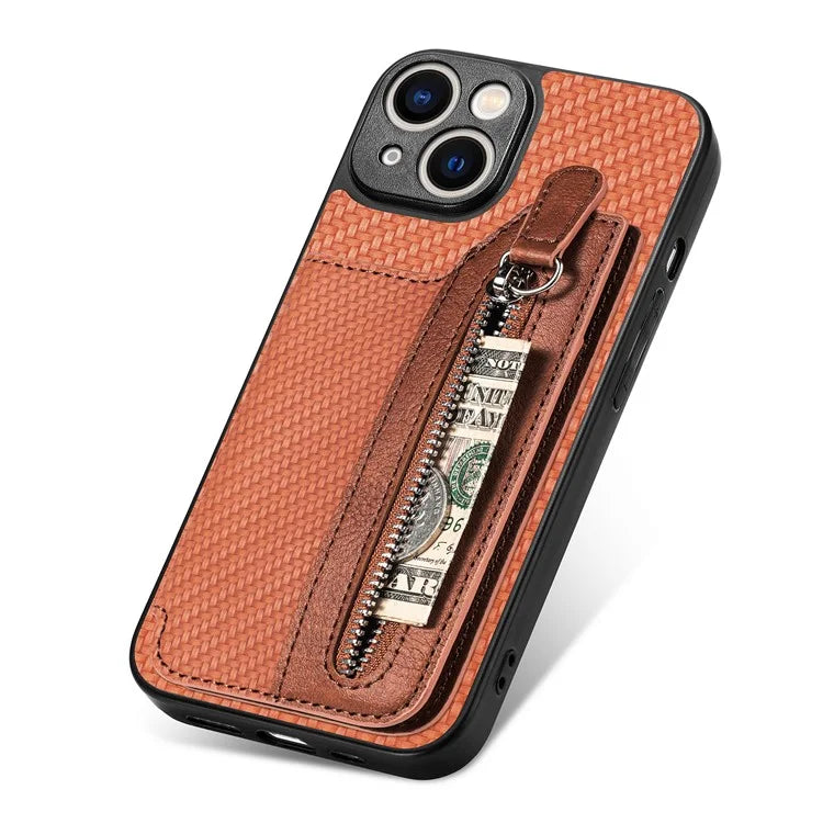 C1-04 For iPhone 13 Case PU Leather+PC+TPU Zipper Pocket Phone Cover with Card Holder