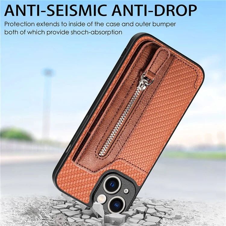 C1-04 For iPhone 13 Case PU Leather+PC+TPU Zipper Pocket Phone Cover with Card Holder
