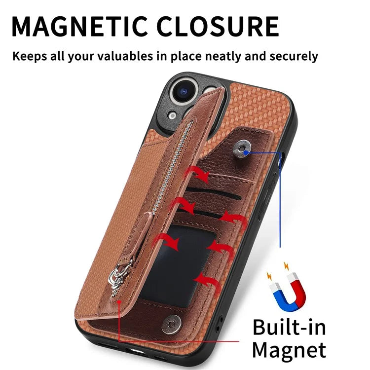 C1-04 For iPhone 13 Case PU Leather+PC+TPU Zipper Pocket Phone Cover with Card Holder