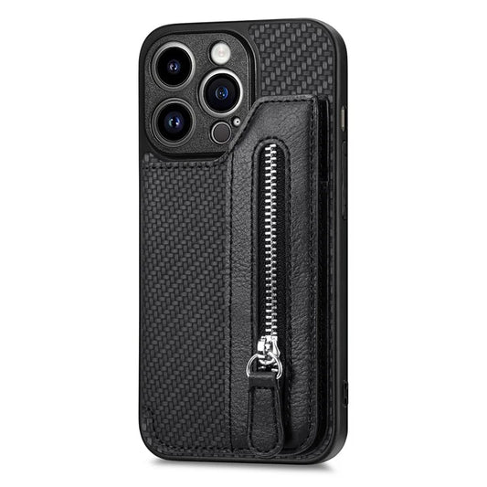 C1-04 For iPhone 14 Pro Case Leather Zipper Pocket Phone Cover with Kickstand