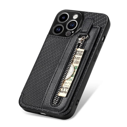 C1-04 For iPhone 14 Pro Case Leather Zipper Pocket Phone Cover with Kickstand