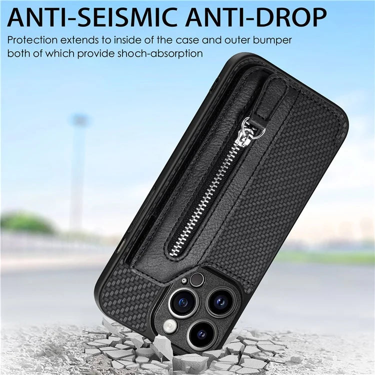 C1-04 For iPhone 14 Pro Case Leather Zipper Pocket Phone Cover with Kickstand