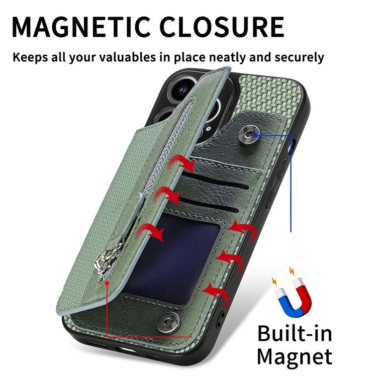 C1-04 For iPhone 14 Pro Case Leather Zipper Pocket Phone Cover with Kickstand