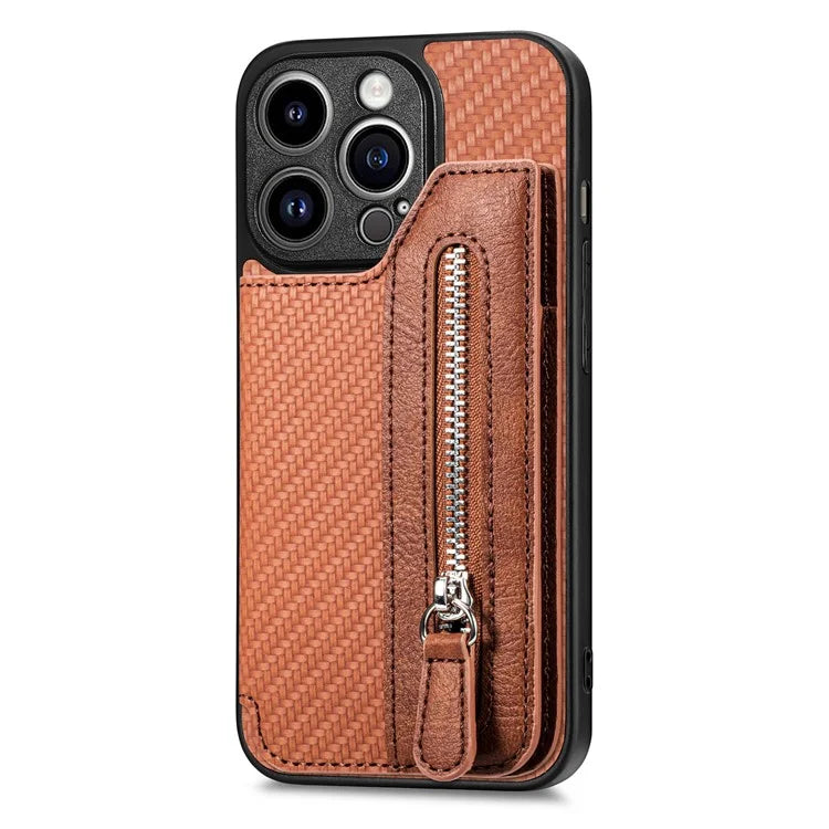C1-04 For iPhone 14 Pro Case Leather Zipper Pocket Phone Cover with Kickstand