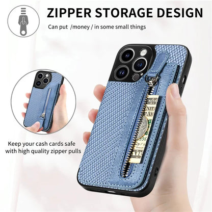 C1-04 For iPhone 14 Pro Case Leather Zipper Pocket Phone Cover with Kickstand