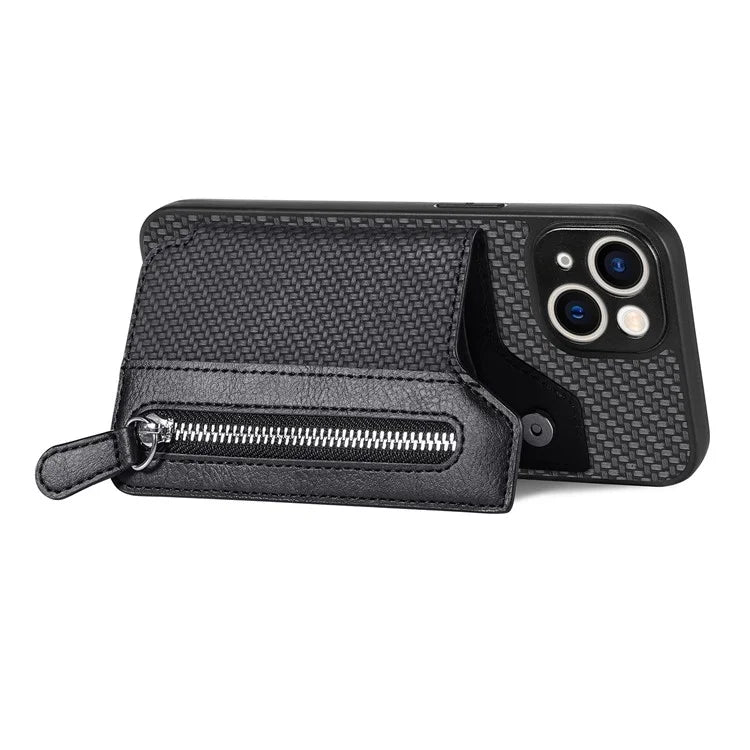 C1-04 For iPhone 14 Zipper Pocket PU Leather+PC+TPU Case Phone Cover with Card Holder