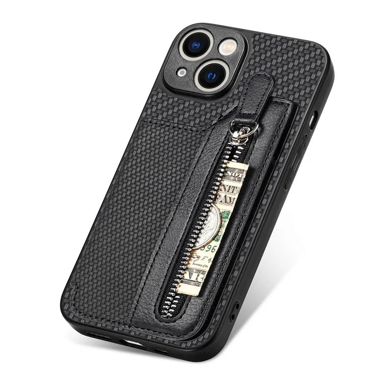 C1-04 For iPhone 14 Zipper Pocket PU Leather+PC+TPU Case Phone Cover with Card Holder