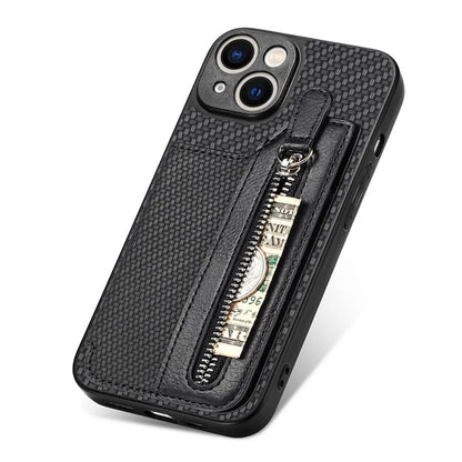 C1-04 For iPhone 14 Zipper Pocket PU Leather+PC+TPU Case Phone Cover with Card Holder