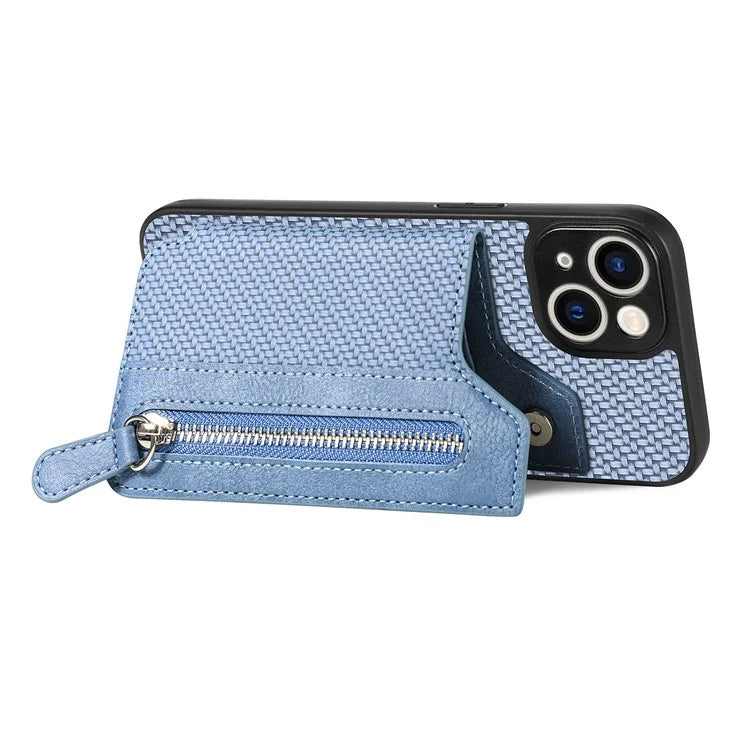 C1-04 For iPhone 14 Zipper Pocket PU Leather+PC+TPU Case Phone Cover with Card Holder