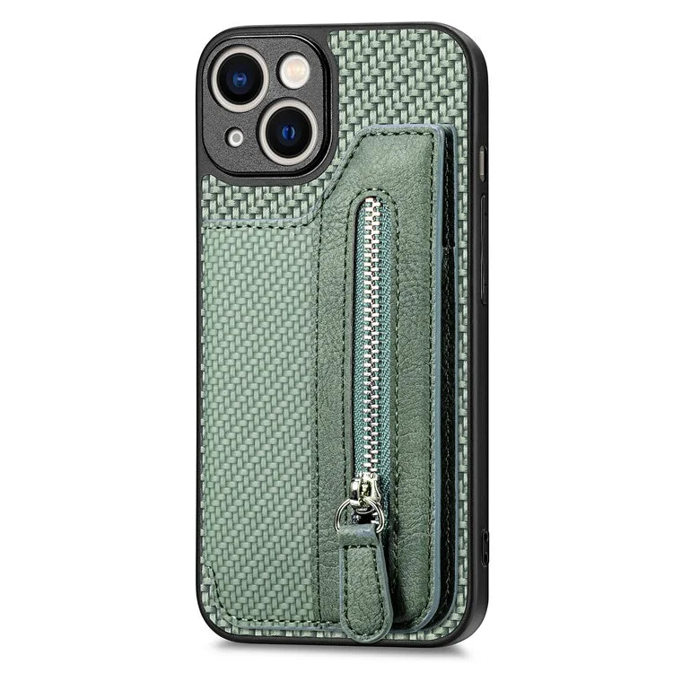 C1-04 For iPhone 14 Zipper Pocket PU Leather+PC+TPU Case Phone Cover with Card Holder